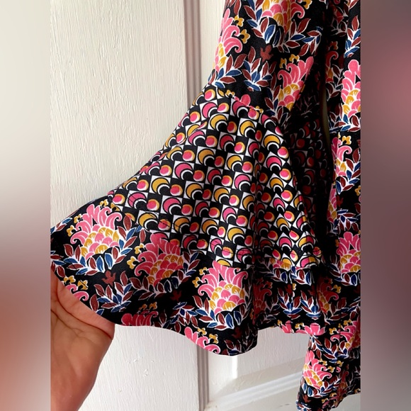 NY Collection Pink Black Boho Print Double Ruffle Bell Sleeve Knit Blouse 2X ? - Picture 3 of 6